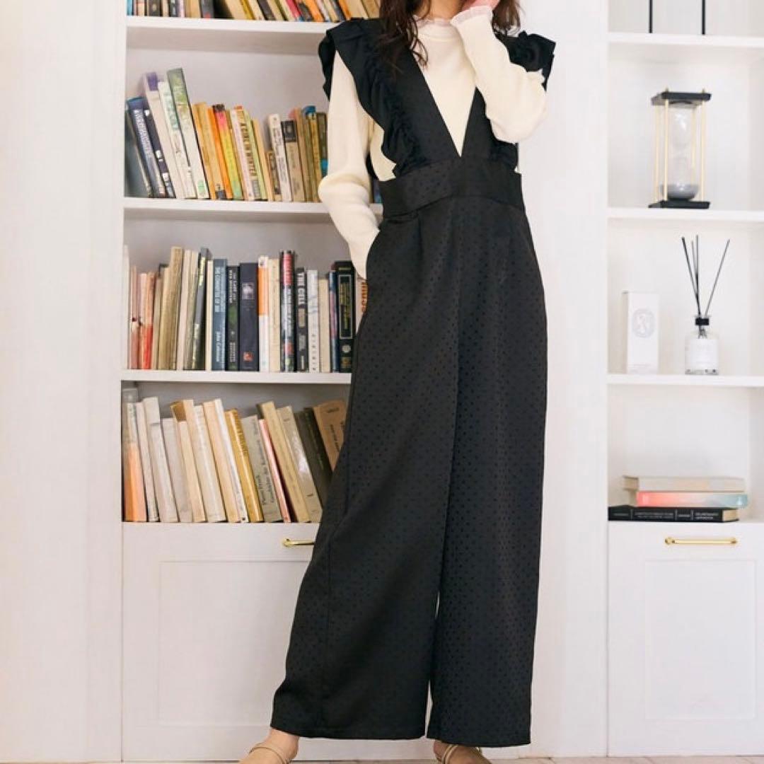 【美品】 Feroux 洗える フリルショルダードット サロペット