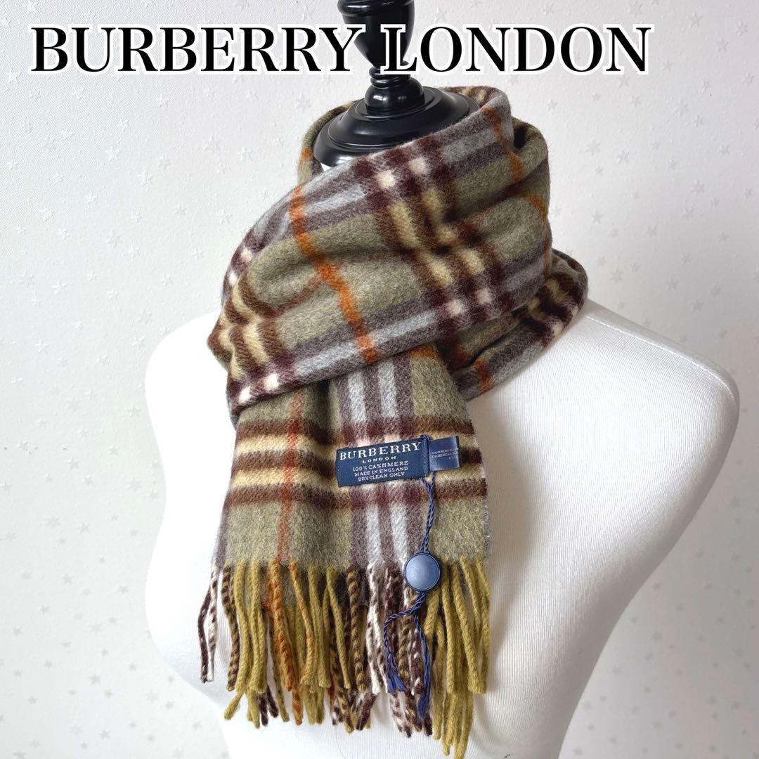 【未使用品】バーバリーロンドン　カシミヤ100%マフラー　グリーン　チェック柄