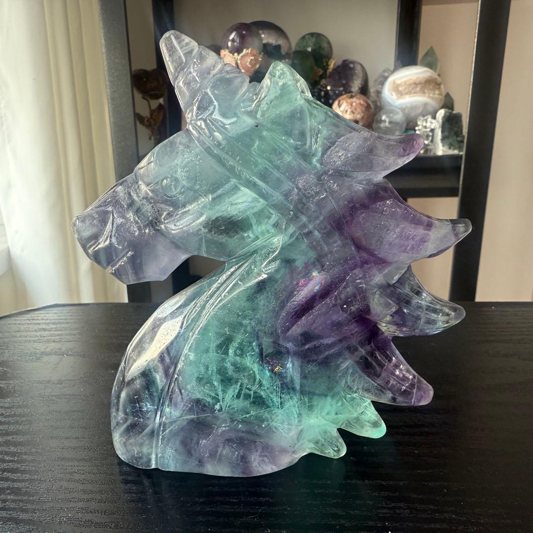 【LL】天然石フローライトのユニコーン　置物　彫物NO.011313