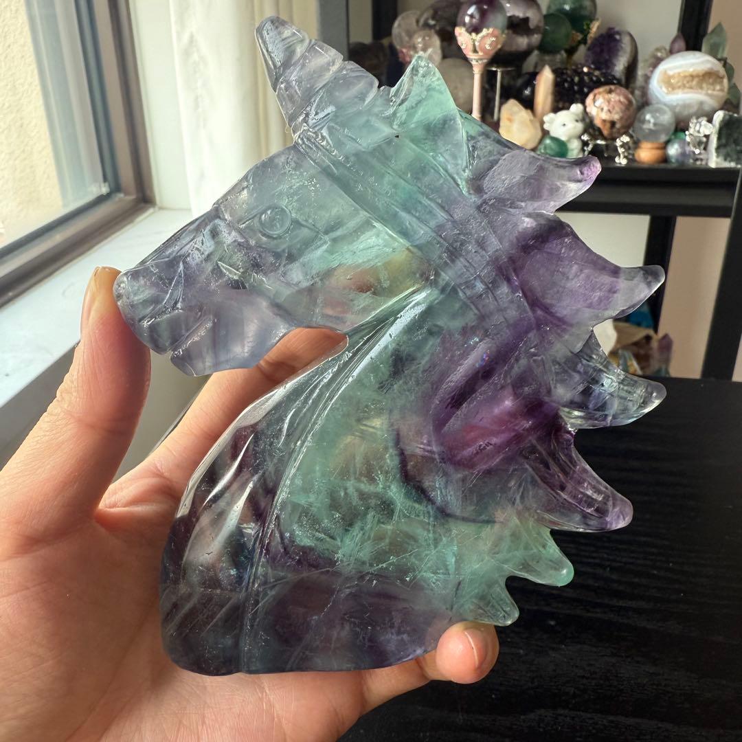 【LL】天然石フローライトのユニコーン　置物　彫物NO.011313