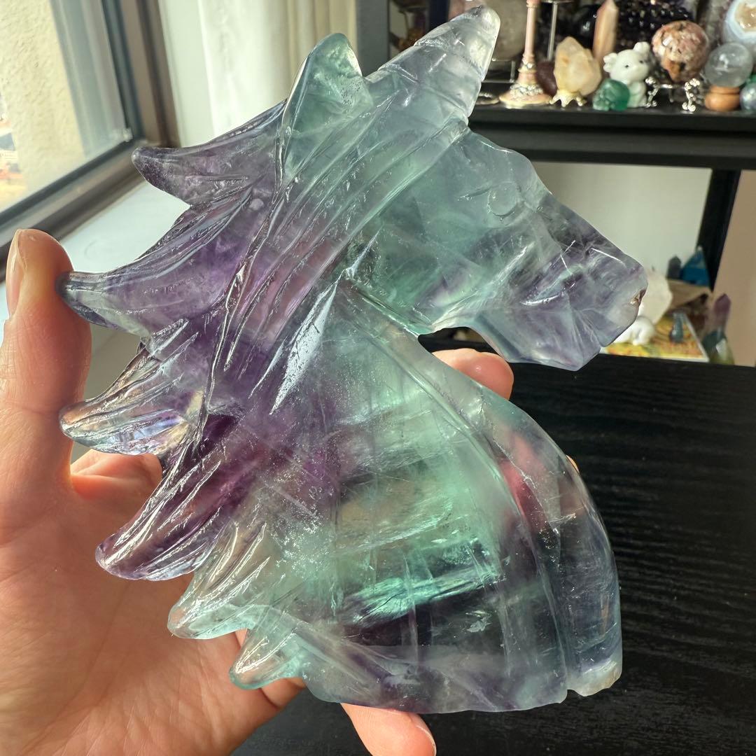 【LL】天然石フローライトのユニコーン　置物　彫物NO.011313