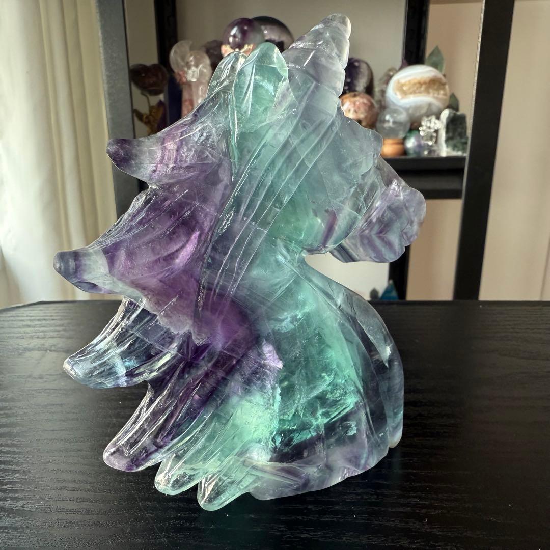 【LL】天然石フローライトのユニコーン　置物　彫物NO.011313