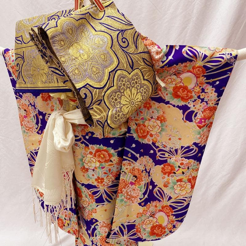 506ag68◎七五三 七歳 女児 単衣 セミアンティーク 着物&丸帯&長襦袢◎