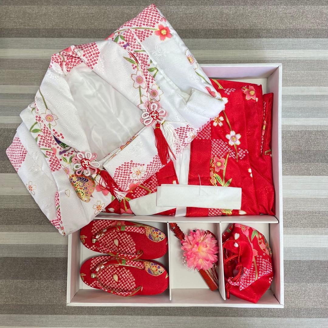 七五三着物被服セット7点 赤白 箱付