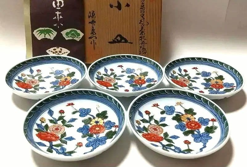 【未使用品】源右衛門窯 古伊万里風菊牡丹絵 小皿 5枚組 共箱