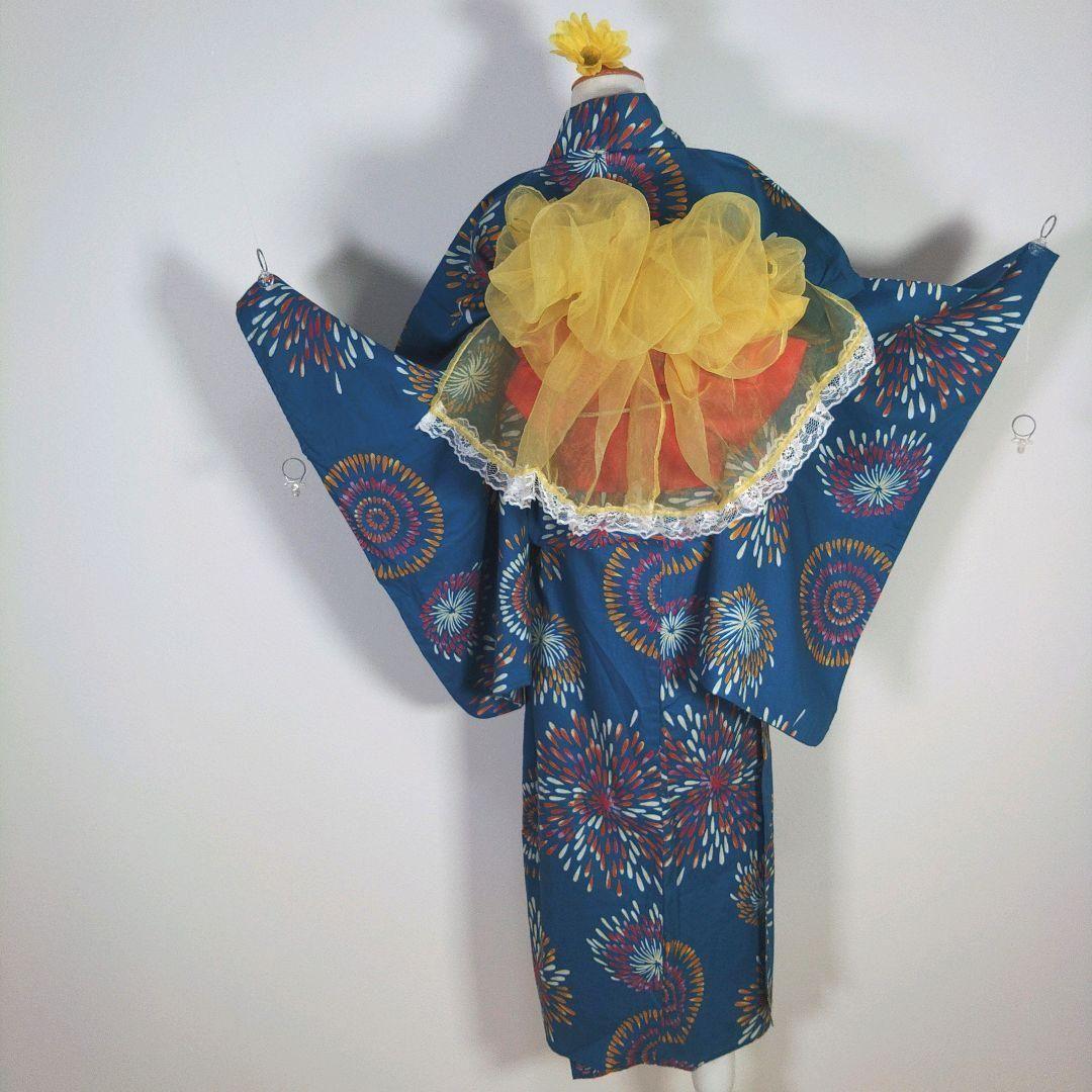 キッズ　子供　浴衣　130cm　女の子　ブルー　花火　作り帯　赤　　兵児帯　黄色
