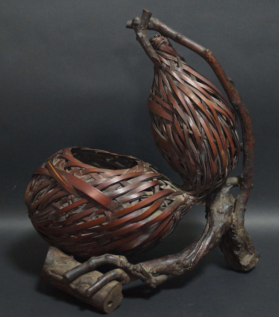 明治期 古竹編 瓢箪形花籠 古木置台 網代細工花籠 花器 花入 花生 華道具