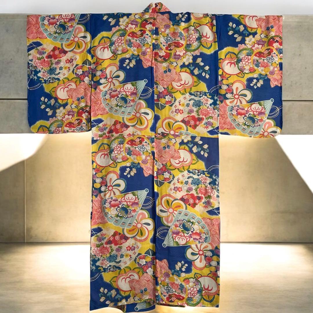 アンティーク　大正ロマン　レア　ターコイズブルーの着物