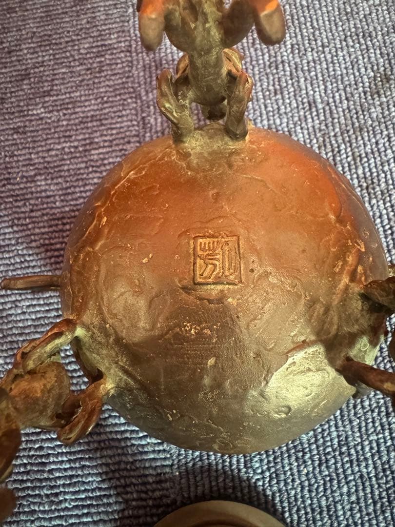 1817 高岡銅器　須賀七郎作　月芳　蝋型鋳銅　三獅子　香炉　時代物