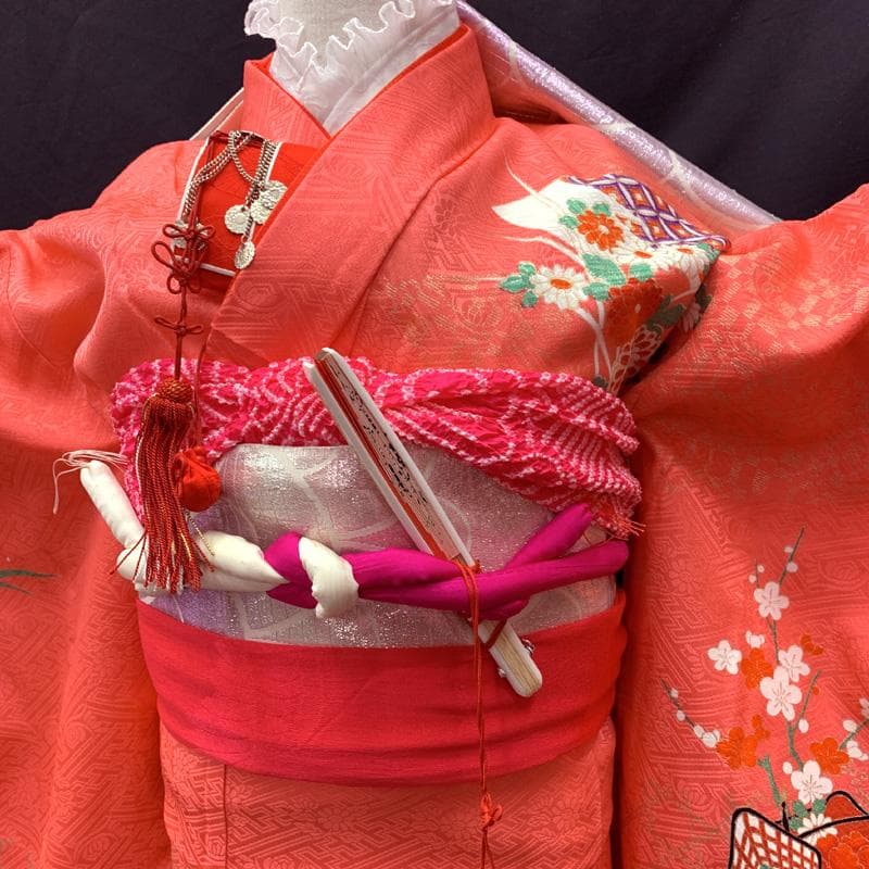 509ag5□七五三 七歳 女児 着物&袋帯 金彩 御所車 花文 ピンク□美品