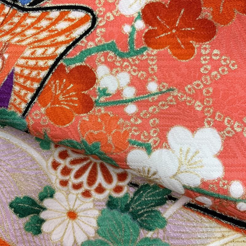 509ag5□七五三 七歳 女児 着物&袋帯 金彩 御所車 花文 ピンク□美品