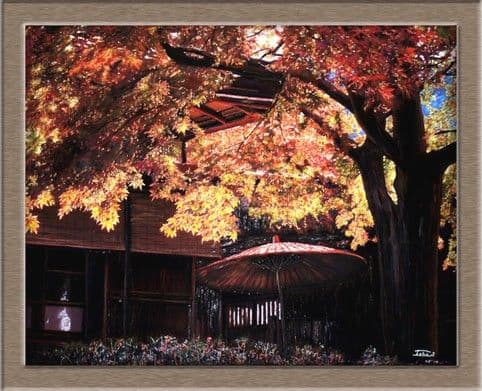 大きな絵画F50号、秋の風景、水彩＋パステル画