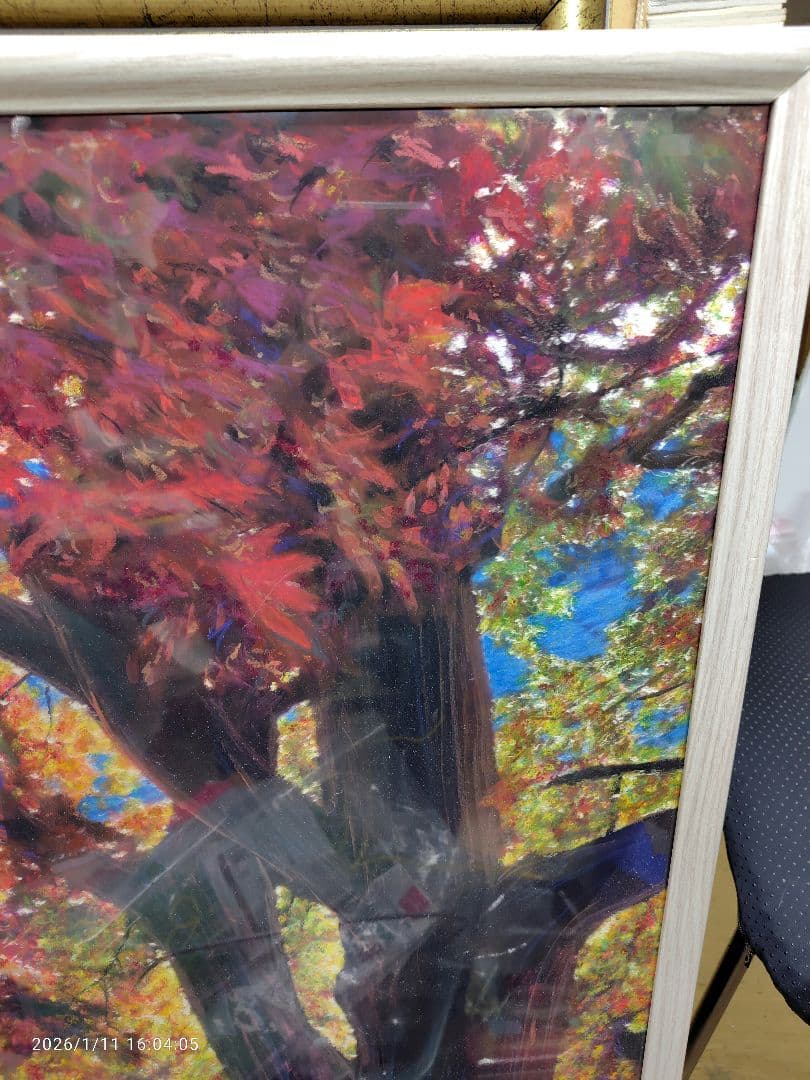大きな絵画F50号、秋の風景、水彩＋パステル画