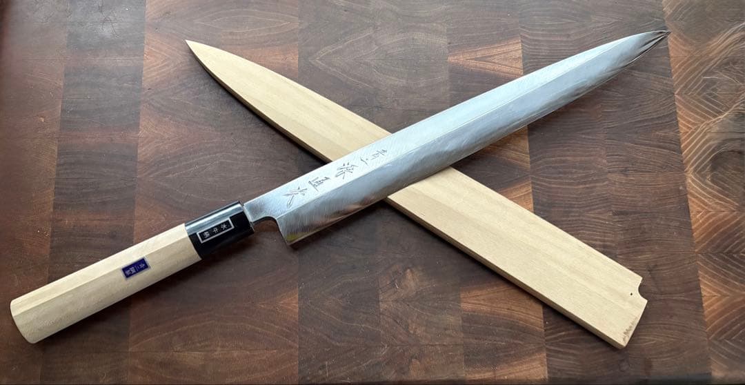 堺打刃物　源直次　青鋼　柳刃　尺　300mm 包丁　刺身　和包丁　霞　紋鍛錬