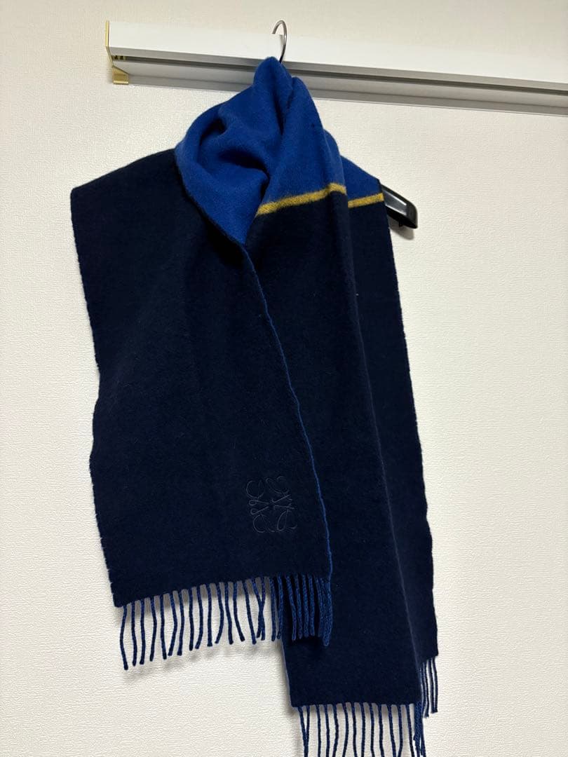 【LOEWE】ウールマフラー ネイビー×ブルー×イエロー