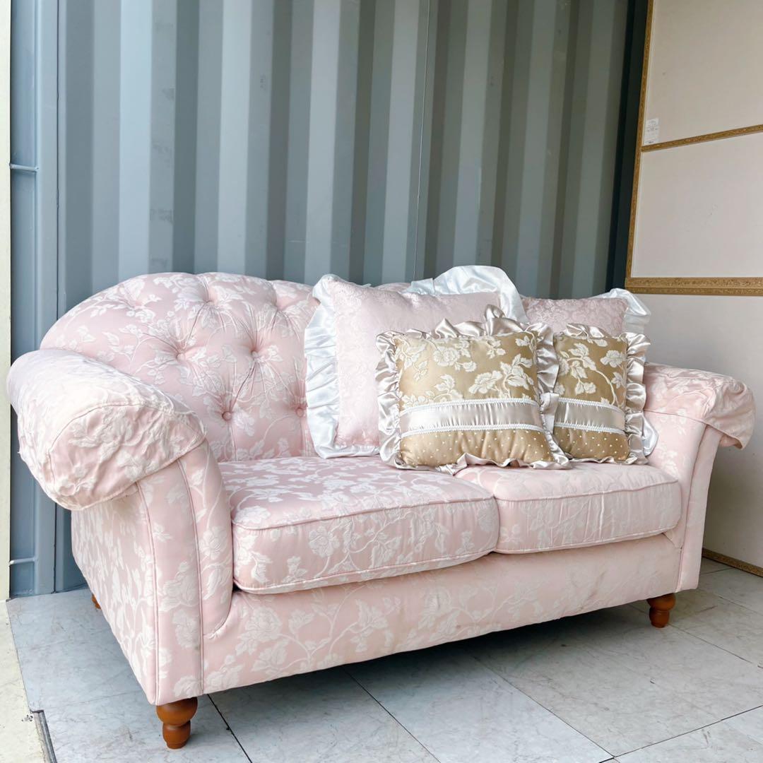 取付無料！ジェニファーテイラー 姫系パステルピンクロココ調花柄2人掛けソファ✨