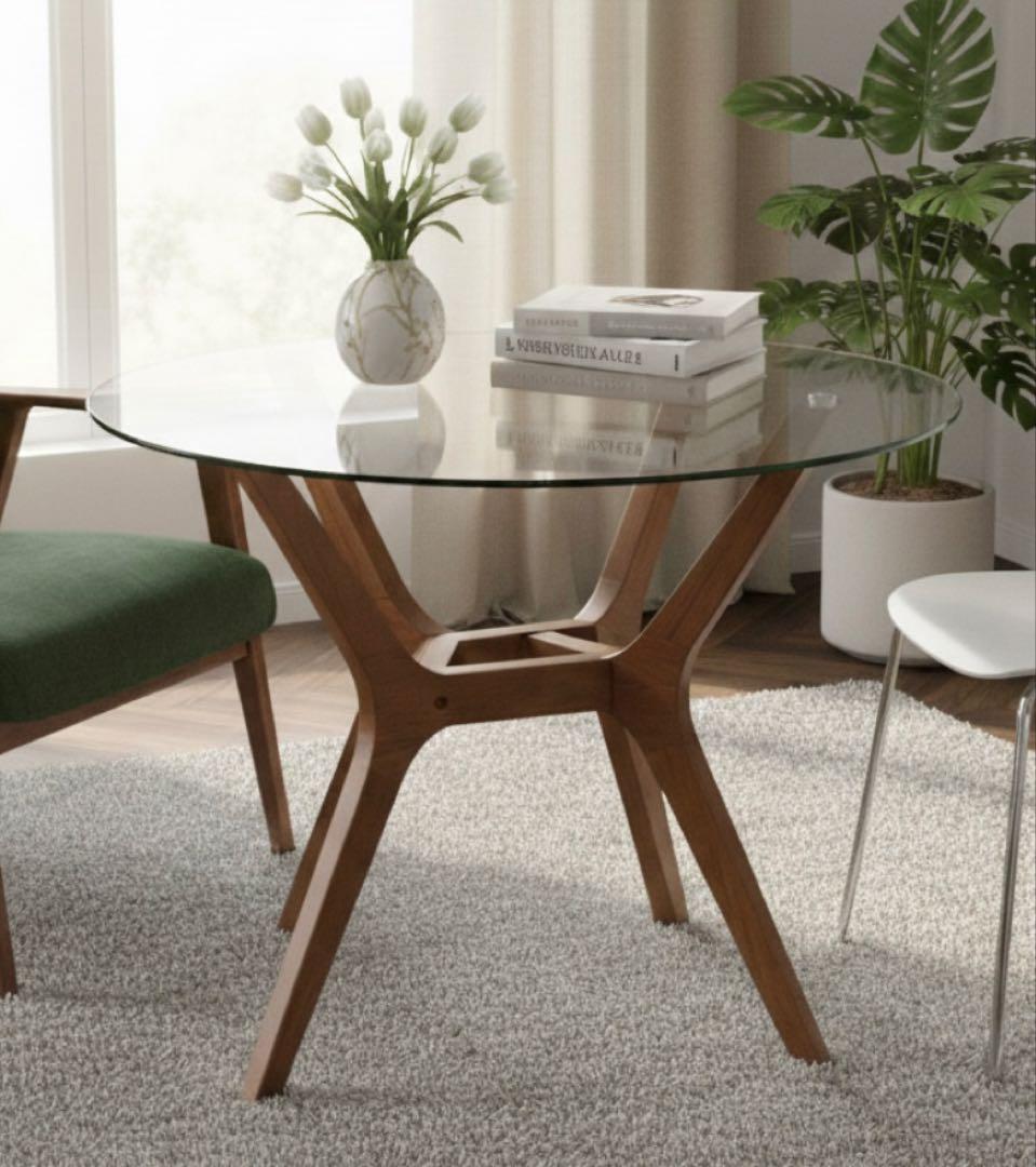 北欧 ガラステーブル 円形 70cm ウォールナット 無垢脚 カフェ風