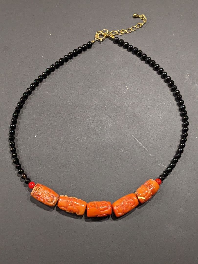 珊瑚 ヴィンテージ 手彫り コーラル ネックレス アンティーク コーラル ビーズ