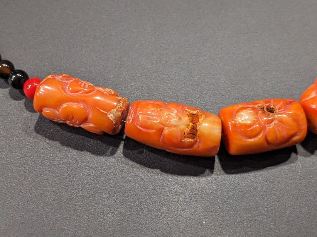 珊瑚 ヴィンテージ 手彫り コーラル ネックレス アンティーク コーラル ビーズ