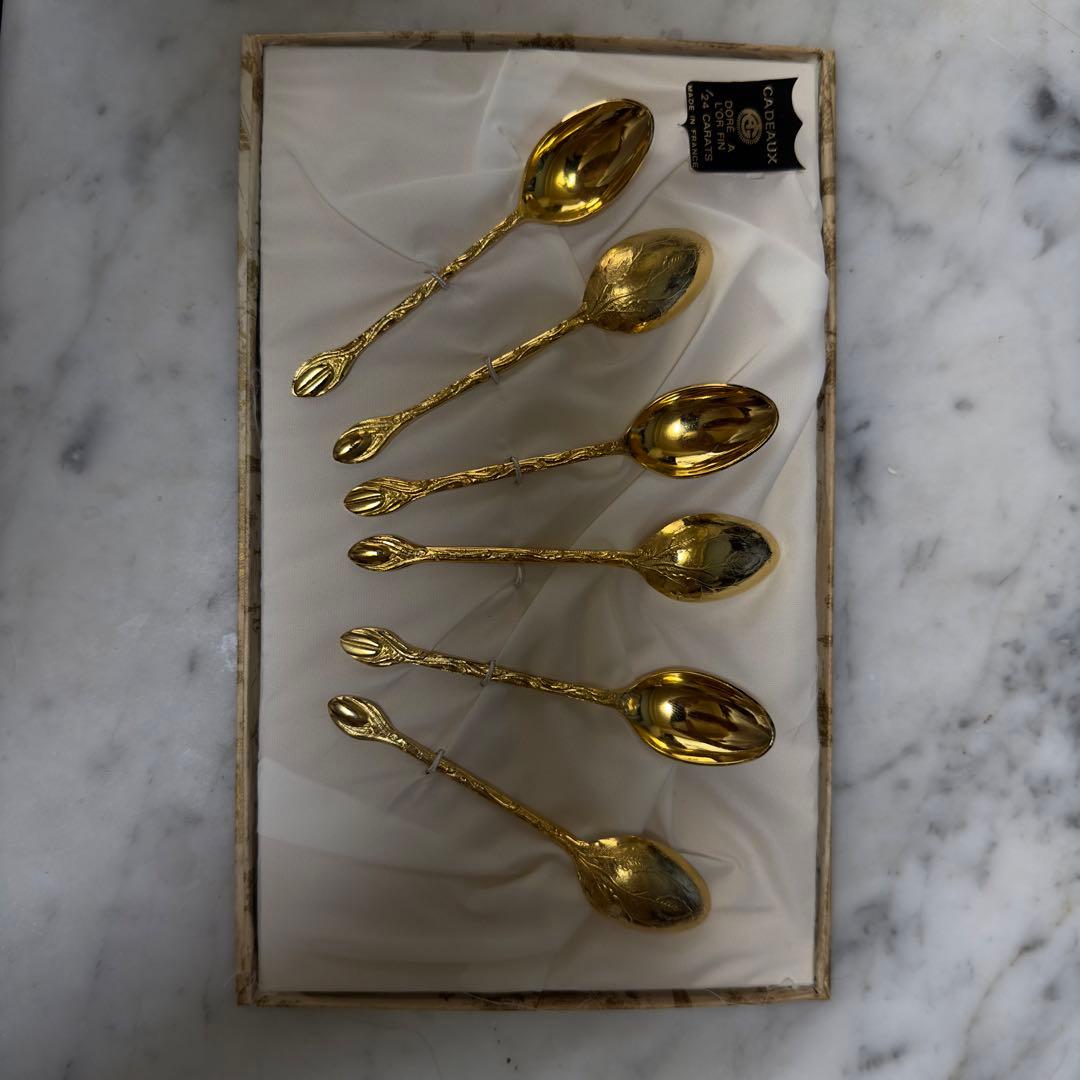 24金メッキ ティースプーン 6本　葉の模様　アンティーク