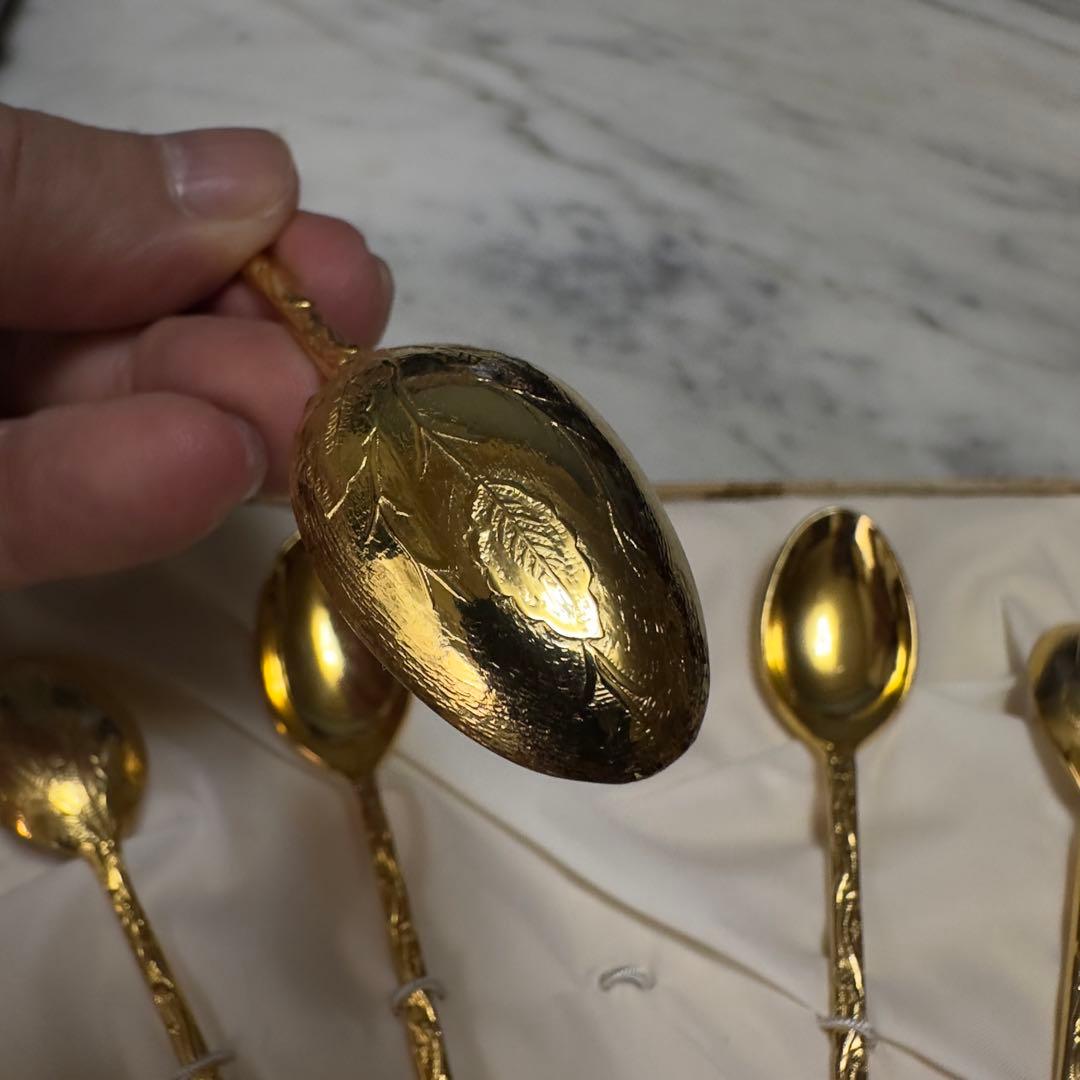 24金メッキ ティースプーン 6本　葉の模様　アンティーク