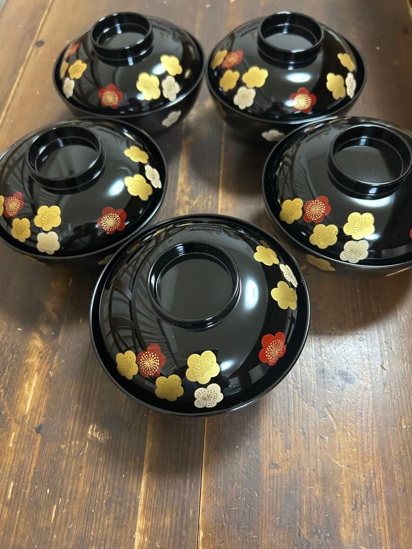 高級漆器 伝統工芸 漆塗 蓋付き お吸物椀 お正月 5客　梅 金蒔絵 会津塗