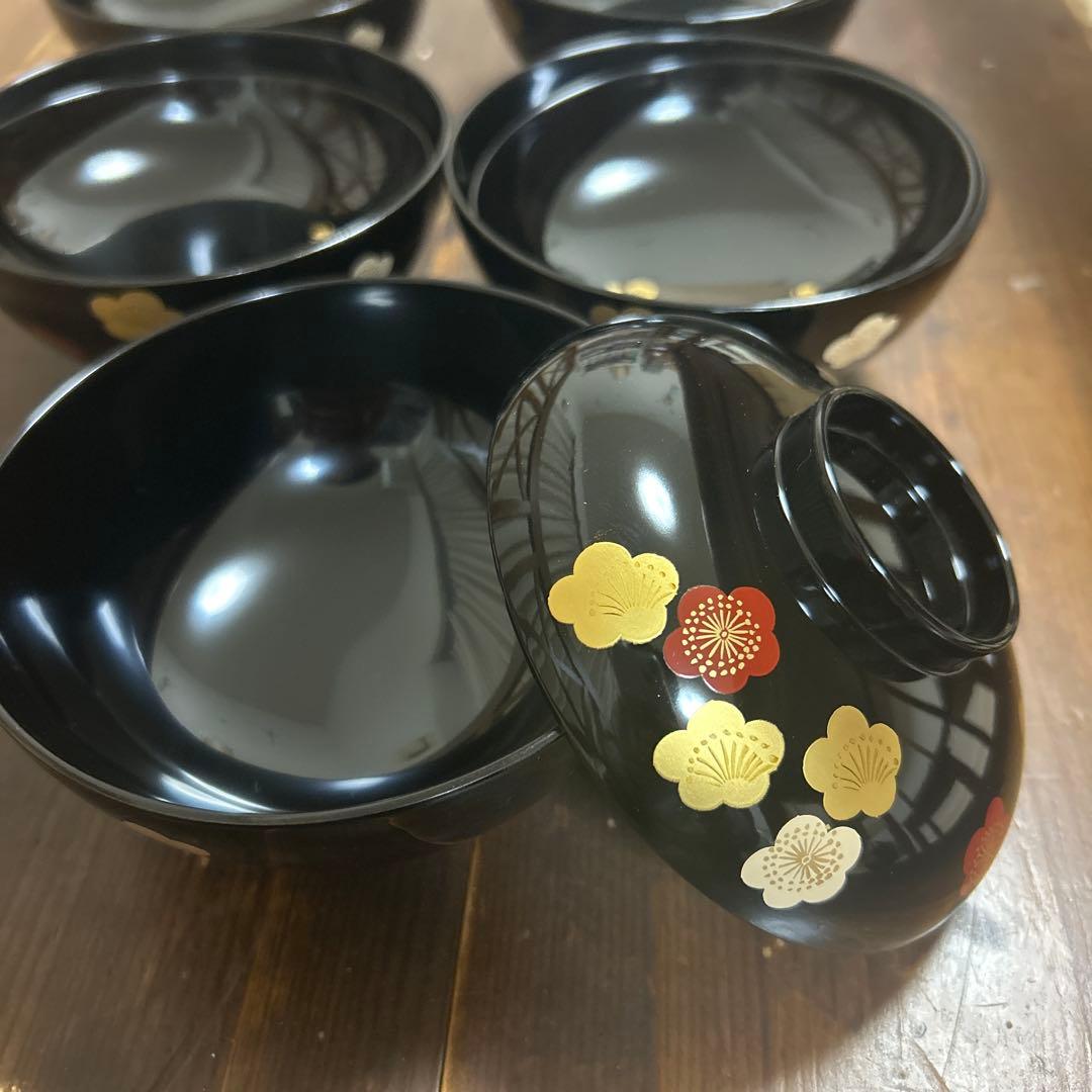 高級漆器 伝統工芸 漆塗 蓋付き お吸物椀 お正月 5客　梅 金蒔絵 会津塗
