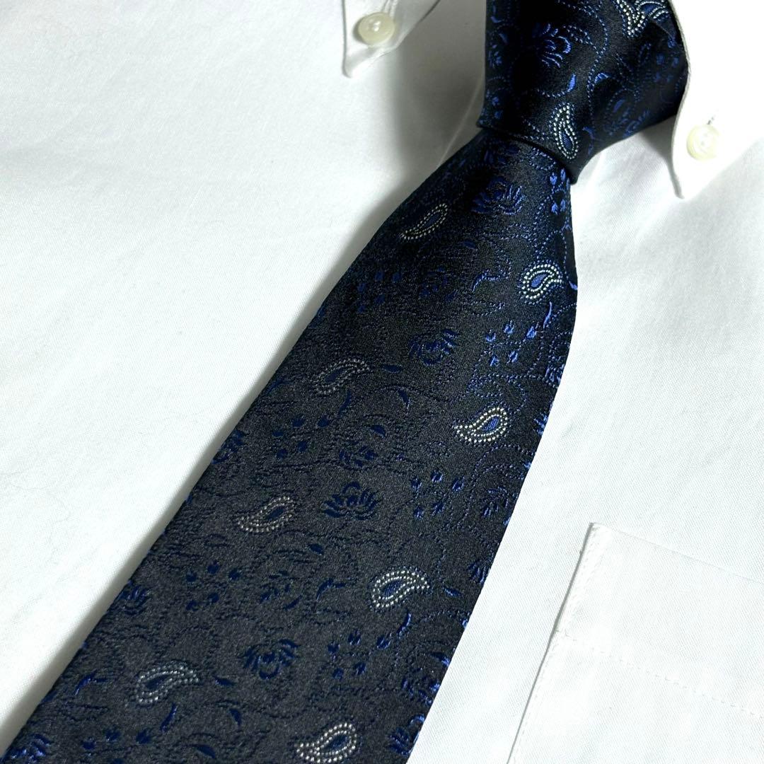 ETRO ネクタイ ブラック ネイビー 光沢 ペイズリー柄 ボタニカル柄