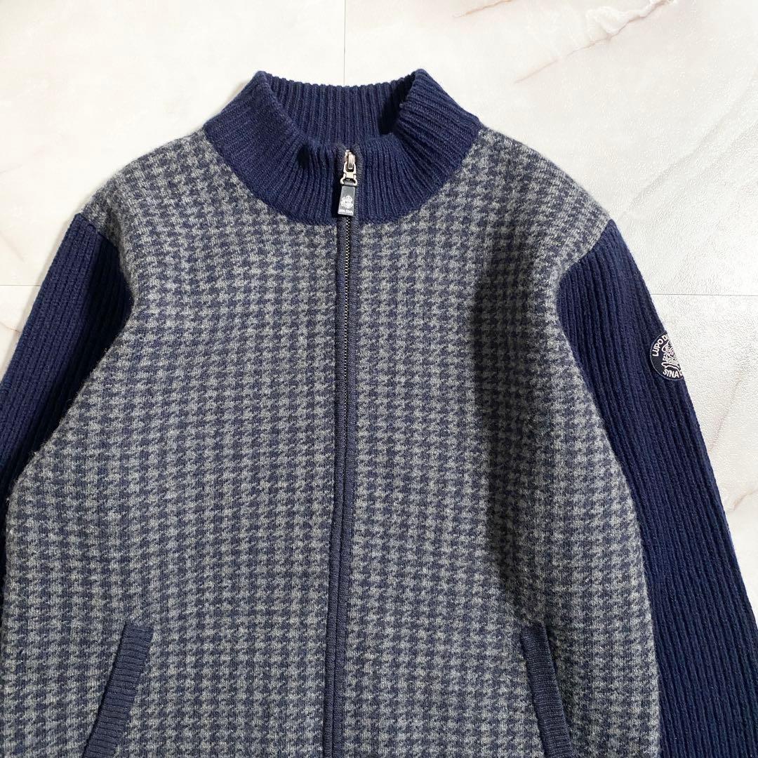 A18130 美品 シナコバ 千鳥×リブ切替 ドライバーズニット ネイビー L