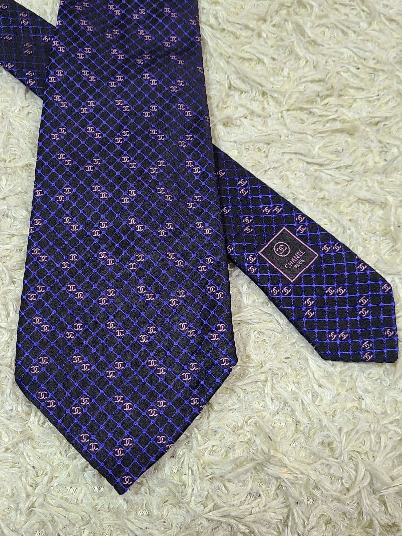 極美品 CHANEL シャネル ネクタイ ココマーク ロゴ 総柄 チェーン