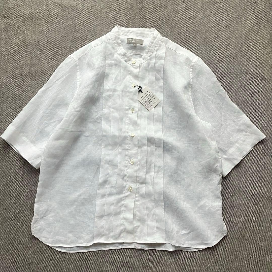 【未使用タグ】MARGARET HOWELLリネン ピンタックバンドカラーシャツ