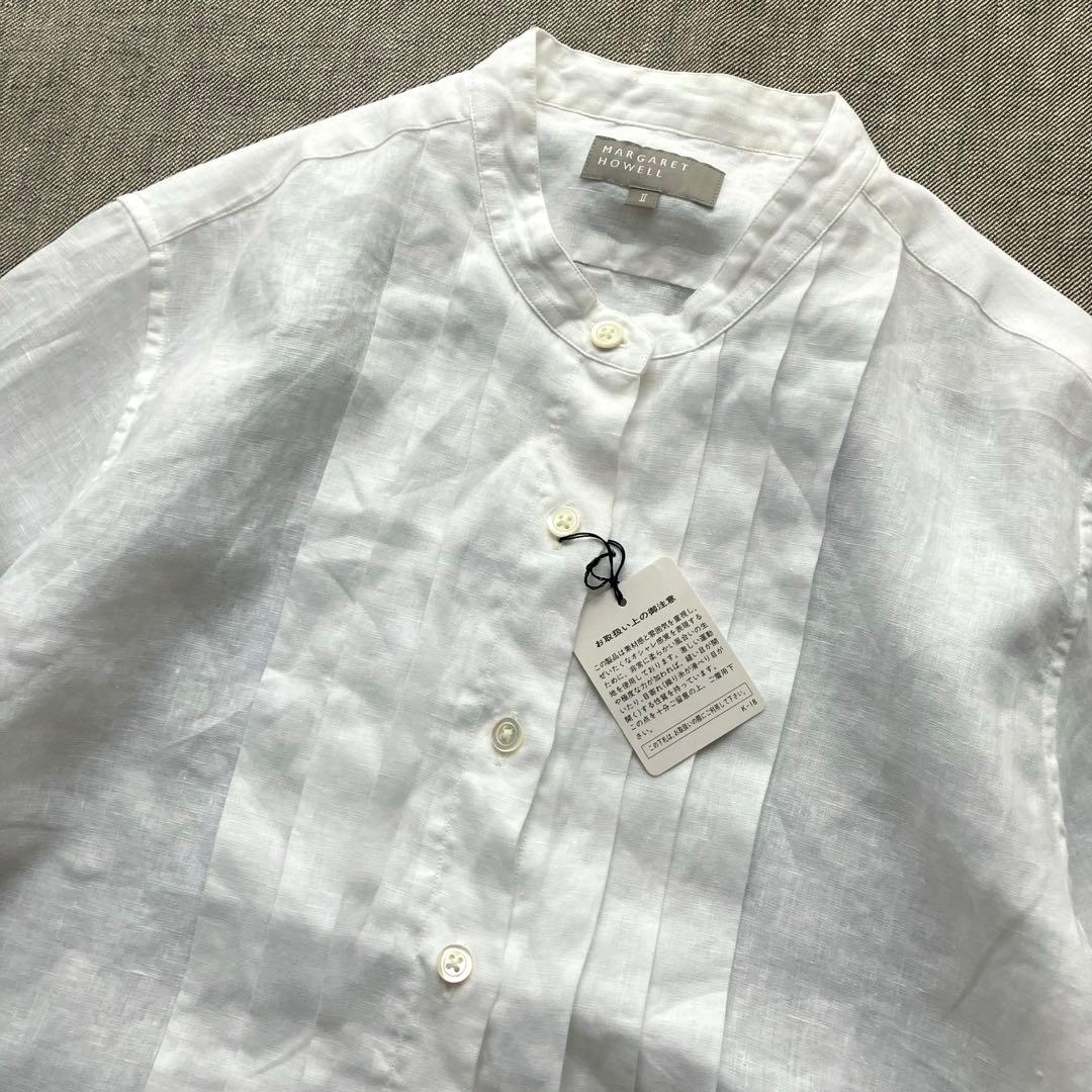 【未使用タグ】MARGARET HOWELLリネン ピンタックバンドカラーシャツ