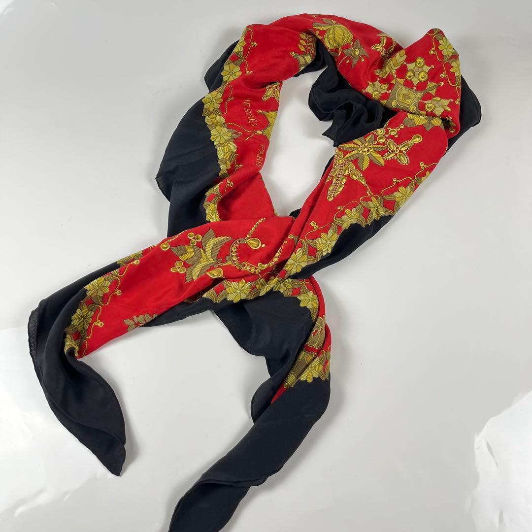 【極美品】HERMES 超大判 カレ140 スカーフ シルク シェヘラザード 赤