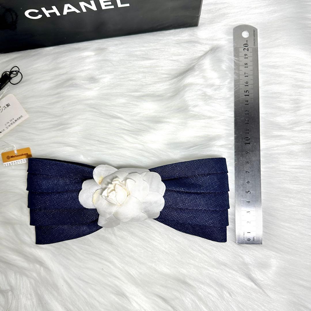 シャネル カメリア リボン バレッタ ヘアアクセサリー ネイビー ホワイト 箱