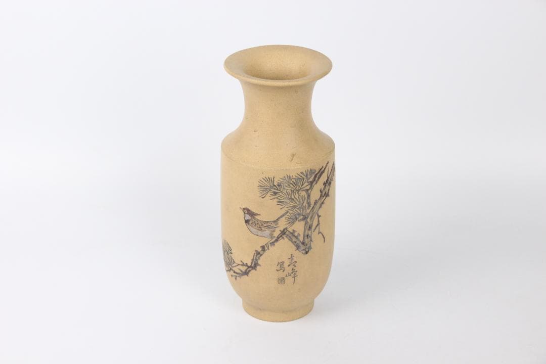 中国 宜興紫砂 段泥 松鳥図 寿峰写 刻絵 花瓶 宜興工芸 花器 Eo21-14