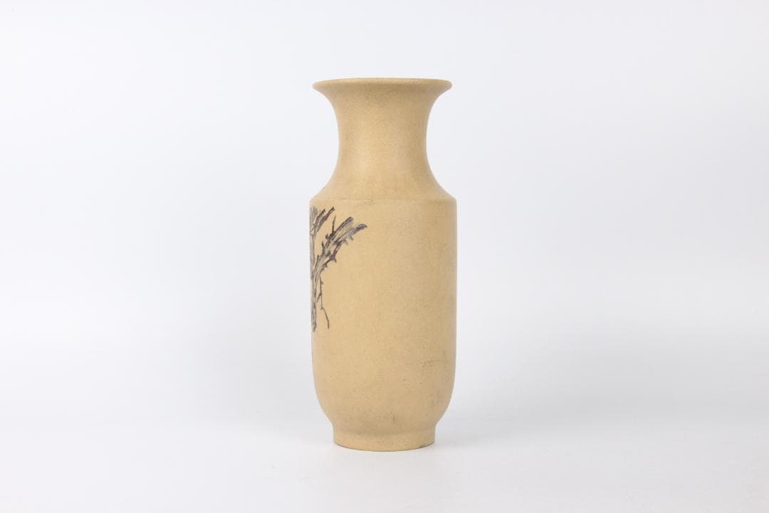 中国 宜興紫砂 段泥 松鳥図 寿峰写 刻絵 花瓶 宜興工芸 花器 Eo21-14