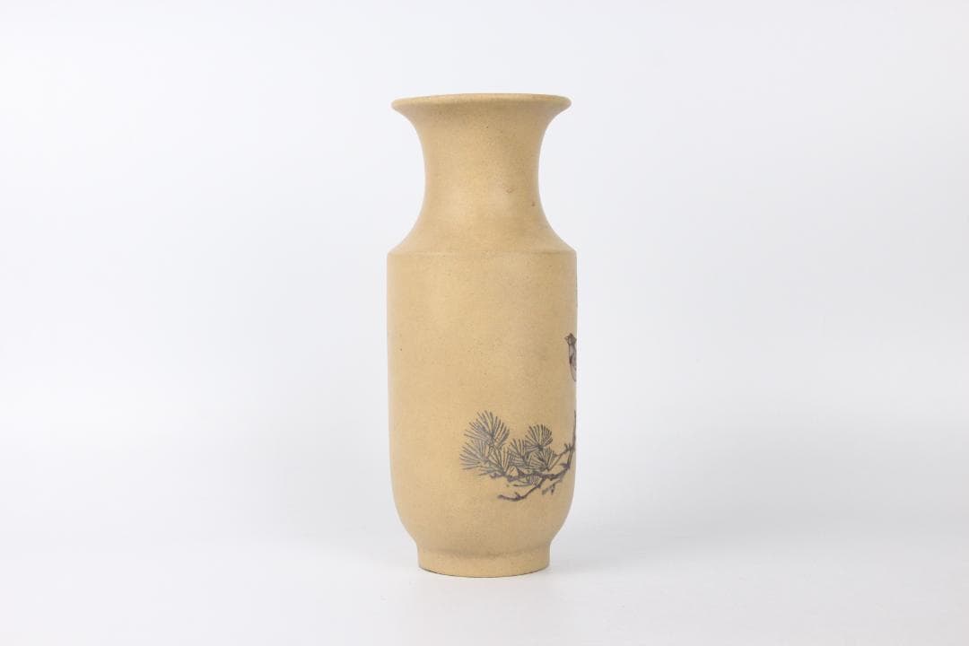 中国 宜興紫砂 段泥 松鳥図 寿峰写 刻絵 花瓶 宜興工芸 花器 Eo21-14