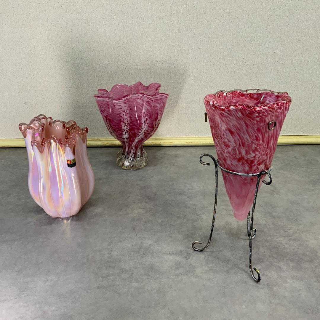 ヴィンテージ ガラス ベース マーブル ピンク×ホワイト 花器 花瓶 スタンド付