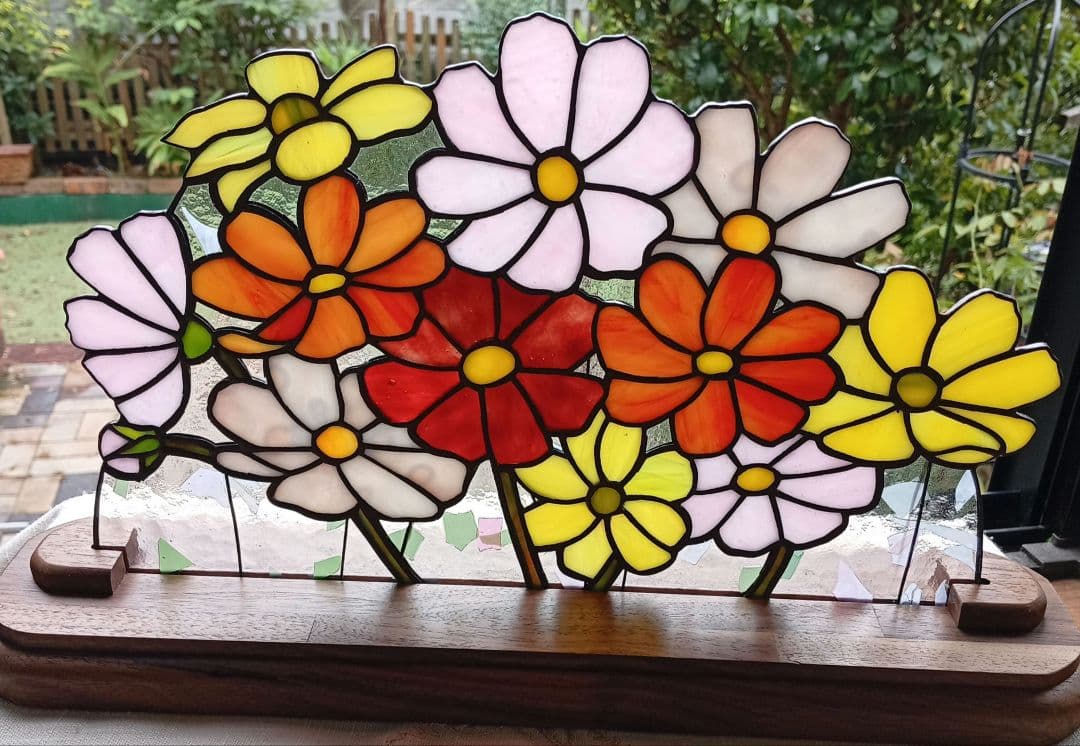 ステンドグラスパネル　コスモスとアヒル2点