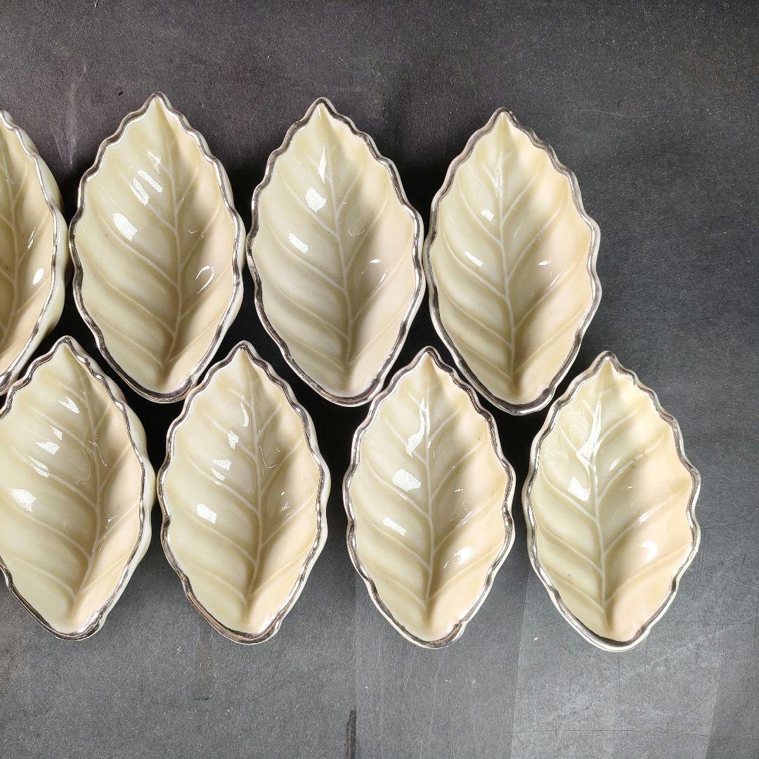 C13-2/在銘/プラチナ縁 刺身皿大9客・小11客/共箱/葉形皿/小皿/向付