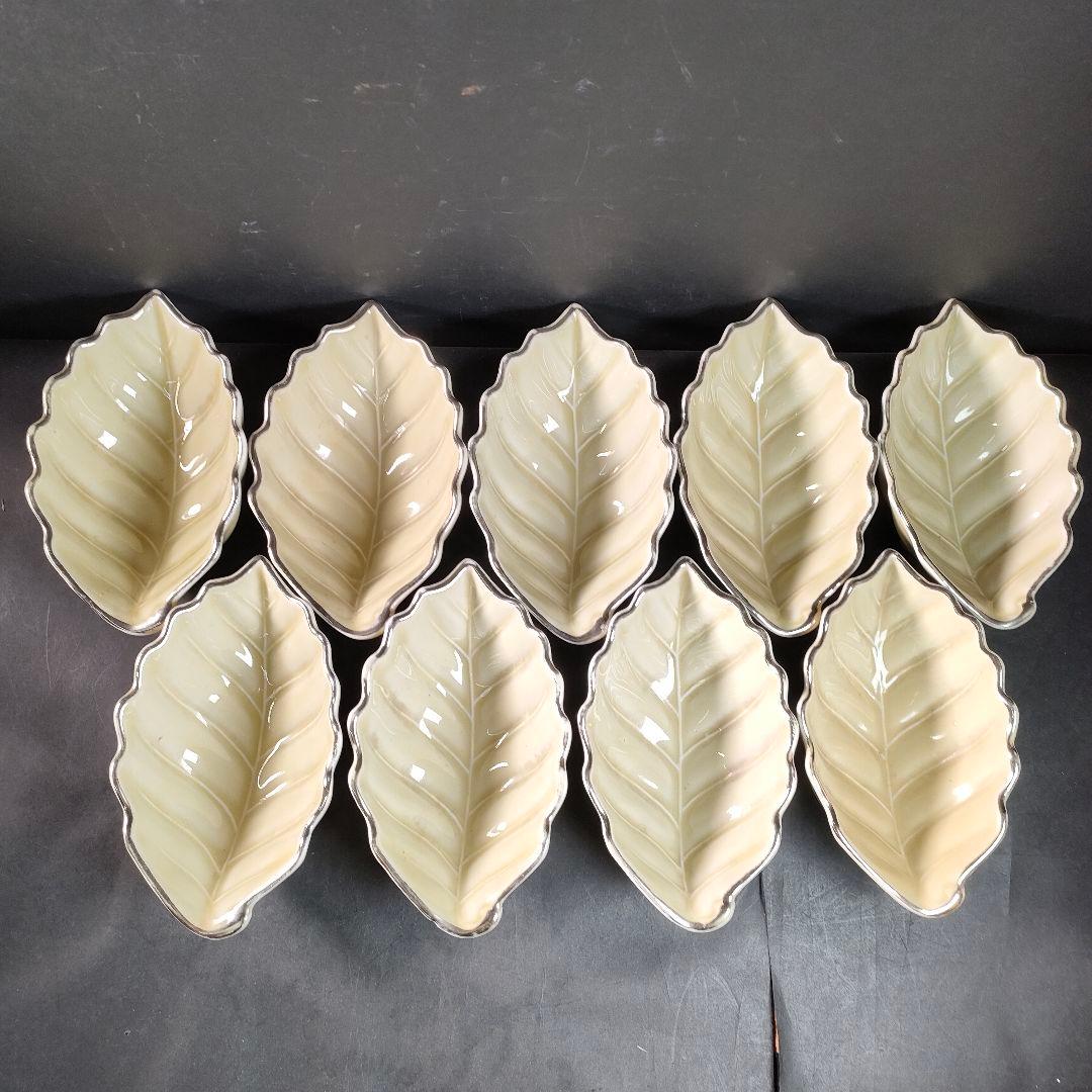 C13-2/在銘/プラチナ縁 刺身皿大9客・小11客/共箱/葉形皿/小皿/向付