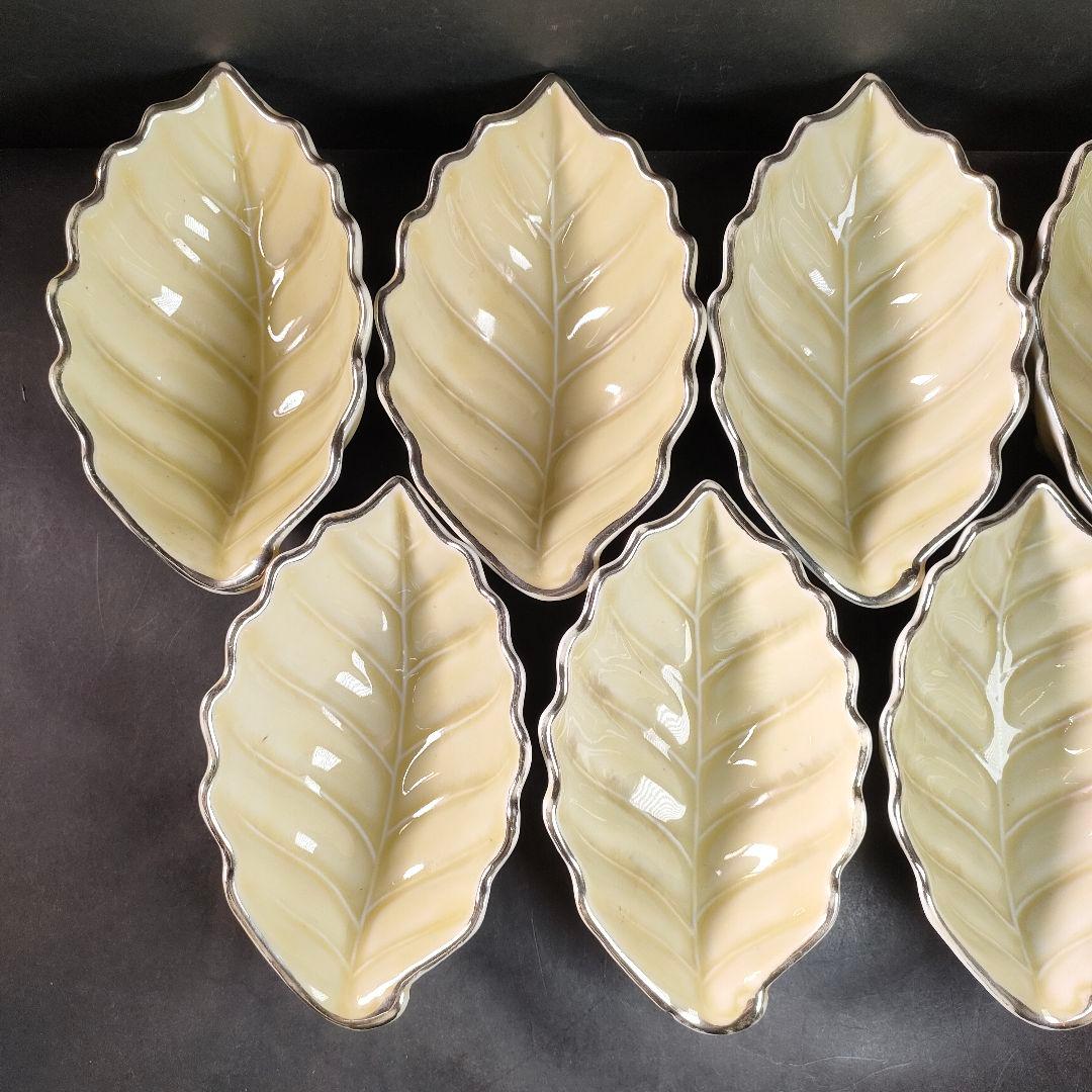 C13-2/在銘/プラチナ縁 刺身皿大9客・小11客/共箱/葉形皿/小皿/向付