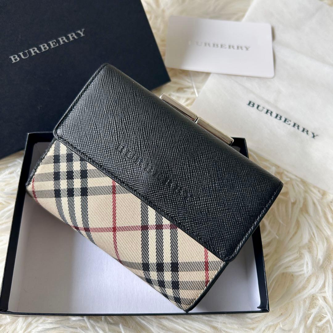 箱付き Burberry バーバリー 二つ折り財布 ノバチェック レザー 小型