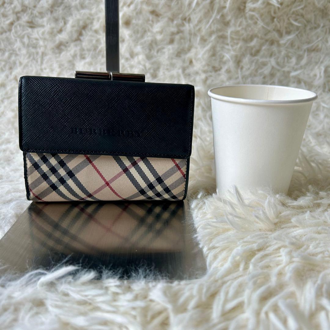 箱付き Burberry バーバリー 二つ折り財布 ノバチェック レザー 小型