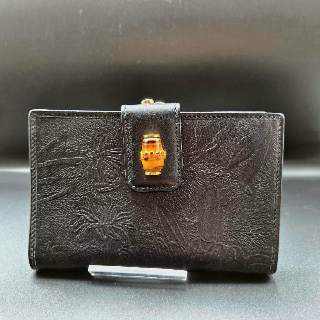美品 グッチ GUCCI バンブー がま口 二つ折り財布 レザー ブラック