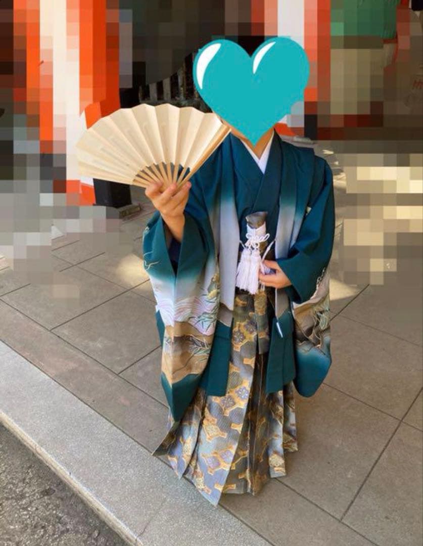 虎刺繍の青色着物 扇子付き　七五三