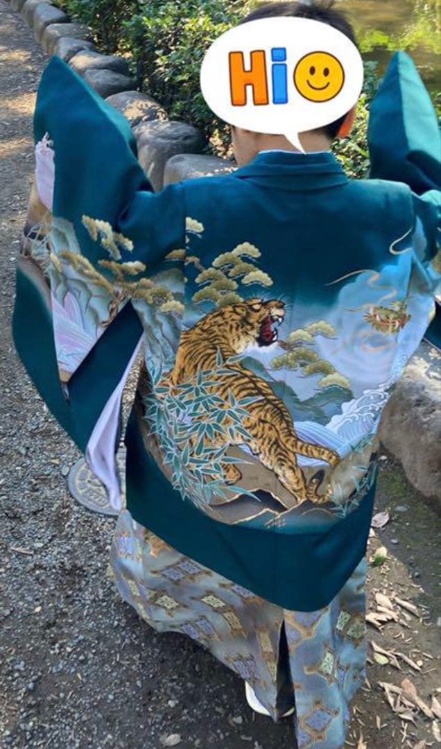 虎刺繍の青色着物 扇子付き　七五三