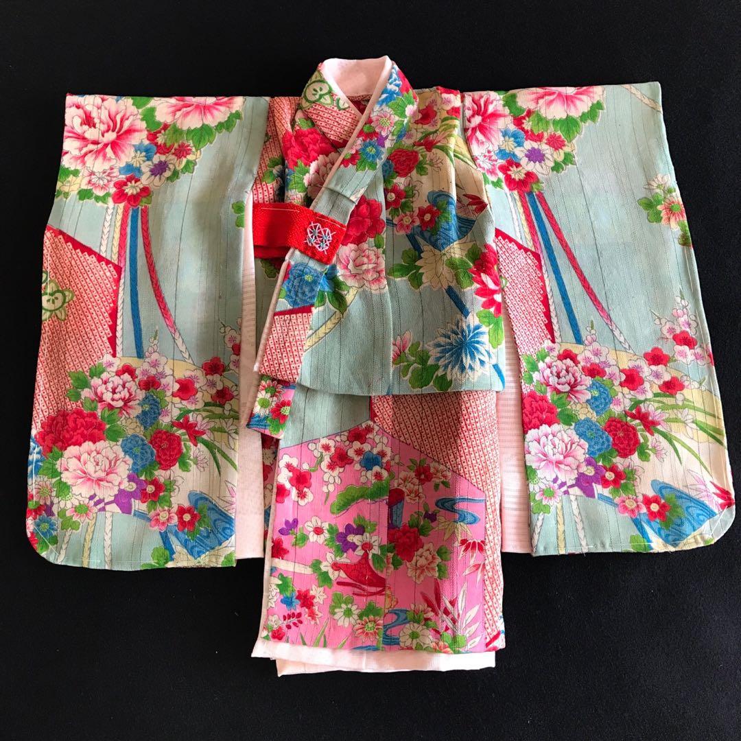 ＊ 市松人形 10号 単衣 縦絽 アンティーク 着物 帯