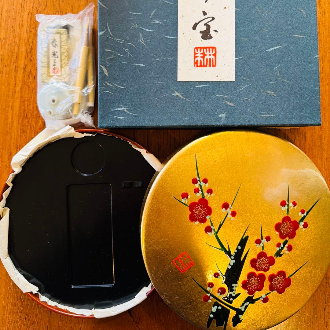 漆器製硯箱 習字セット 七宝工芸 伝統工芸 金地梅文様 未使用保管品 箱付