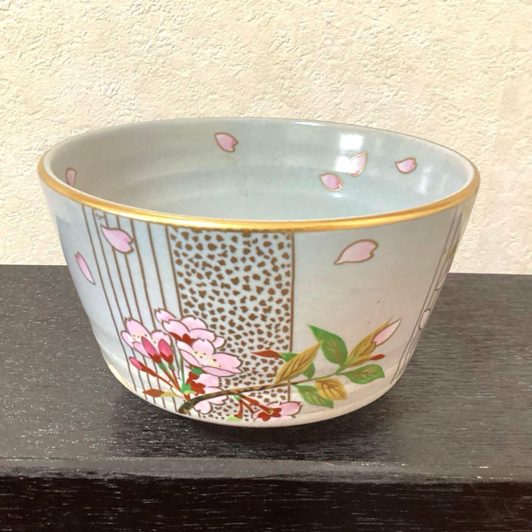 京焼　桑野睦子　御所の花　金彩色絵 抹茶碗　茶盌　茶道具　5碗